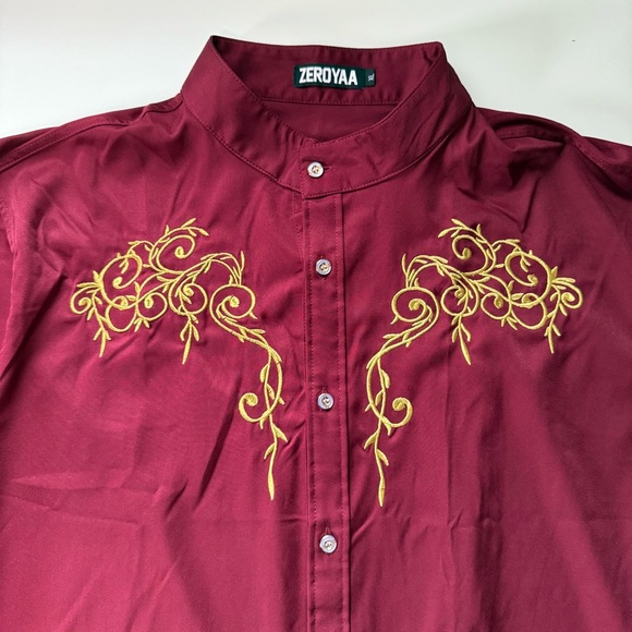 Burgundy Shirt Gold Embroidery Zeroyaa Mens XLarge XL red button down NWT NEW - Picture 1 of 14